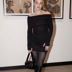 Helsa Matte Jersey Off Shoulder Mini Dress Black Thumbholes Cocktail LBD Size S